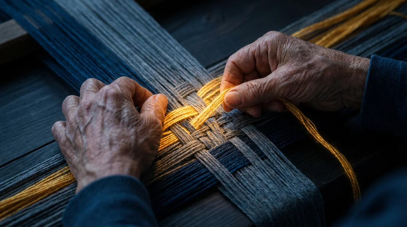 Macro shot of hands weaving a thick golden thread into a blue and gray tapestry.