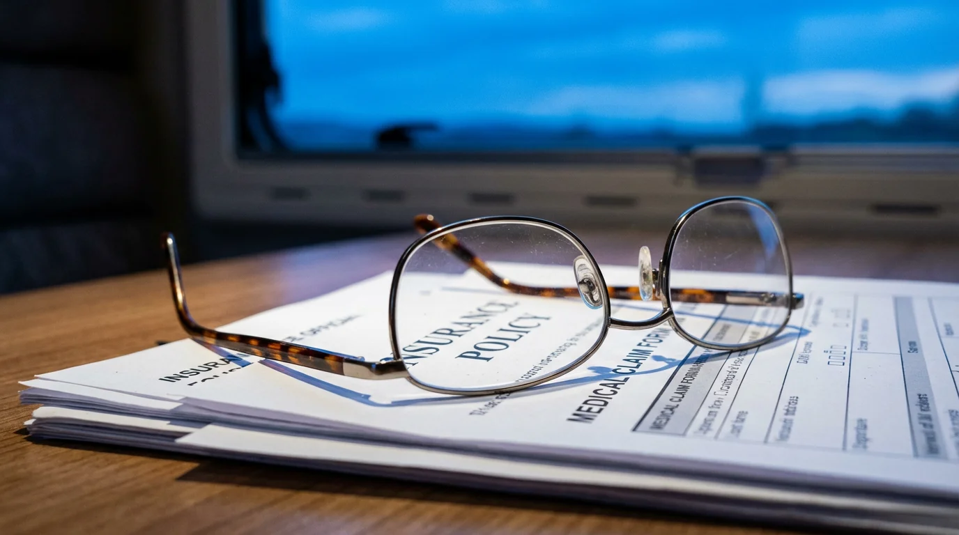 Macro shot of reading glasses on insurance forms inside an RV at dusk.