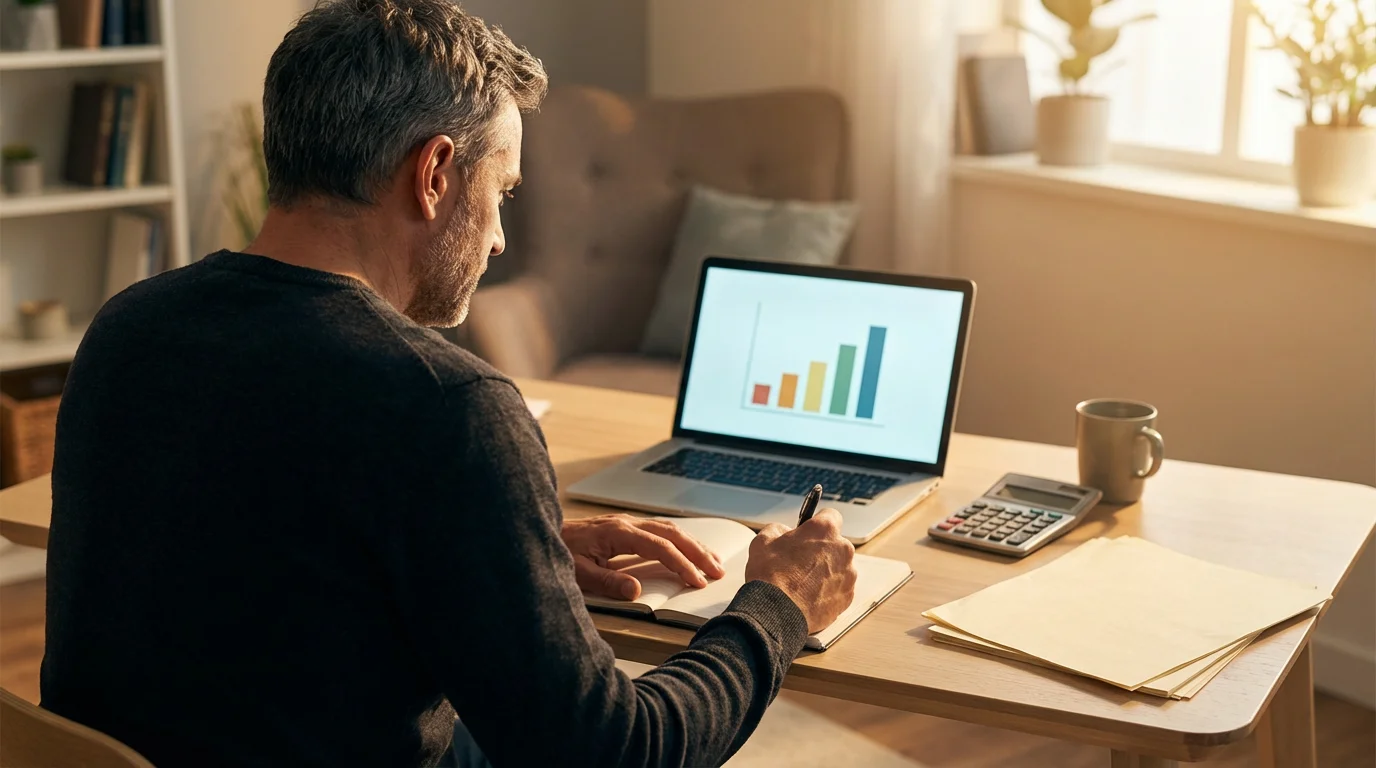 Man in his 50s at a sunlit desk planning his social security benefits.