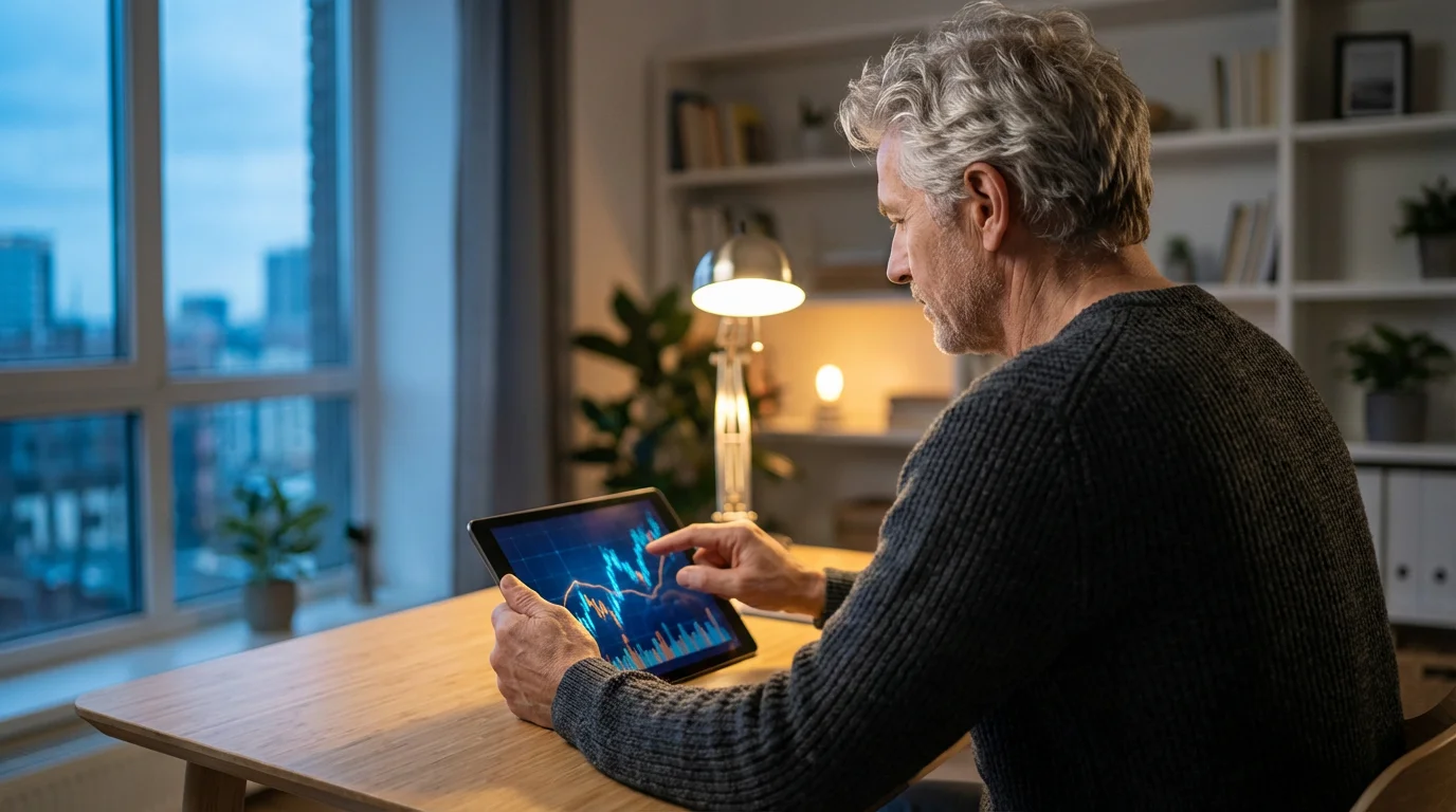 Man in his 60s plans his retirement finances on a tablet during the evening.