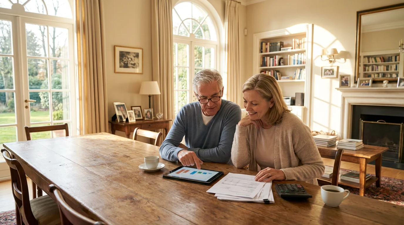 Mature couple at a dining table reviewing financial documents for their retirement downsizing plan.