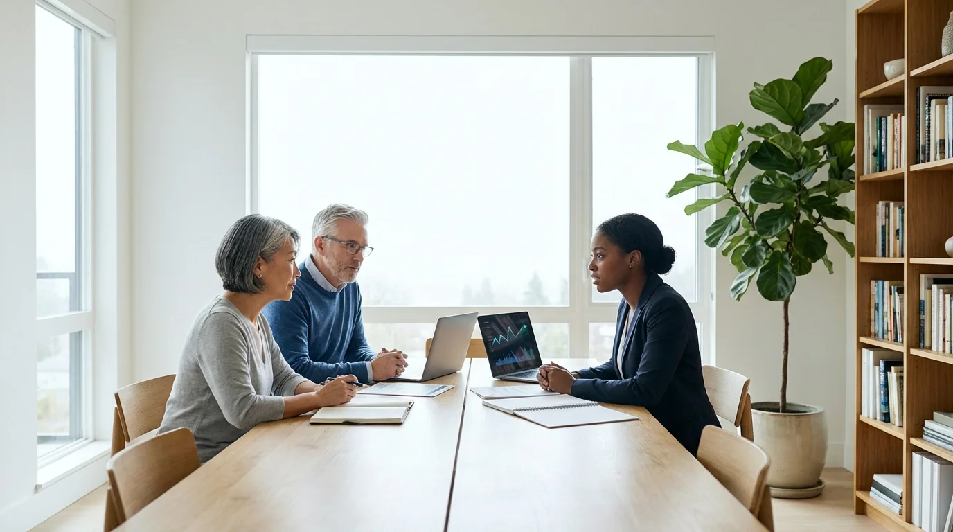 Mature couple discussing long-term financial planning with an advisor in a modern home office.
