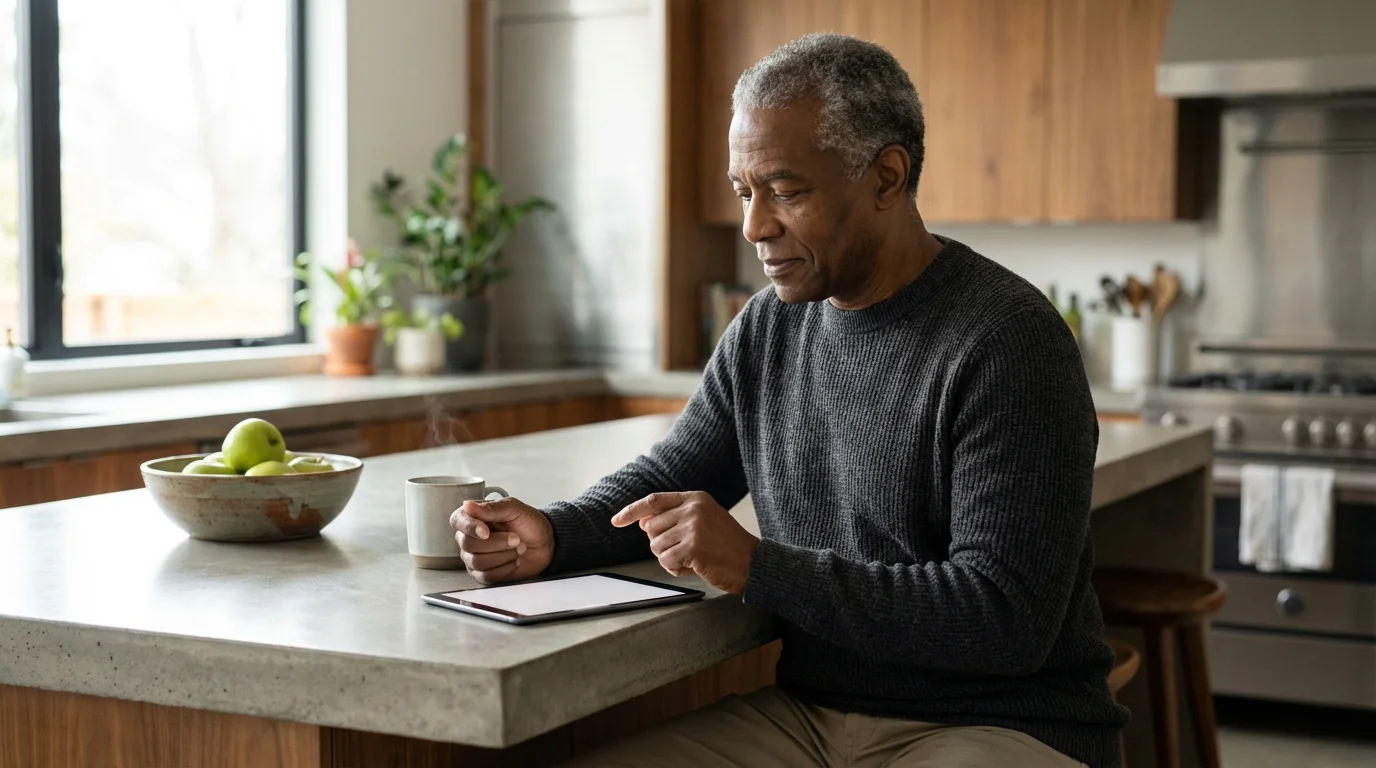 Mature man at a kitchen island thoughtfully using a digital tablet for research.
