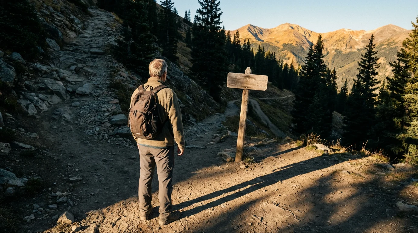 Mature person at a fork in a mountain trail during a moody afternoon.