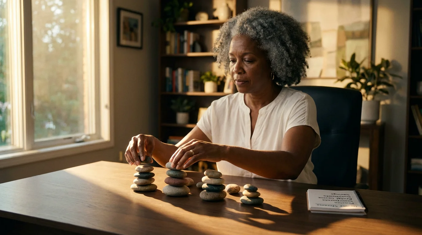Mature woman at desk organizing stacks of stones representing retirement income streams.