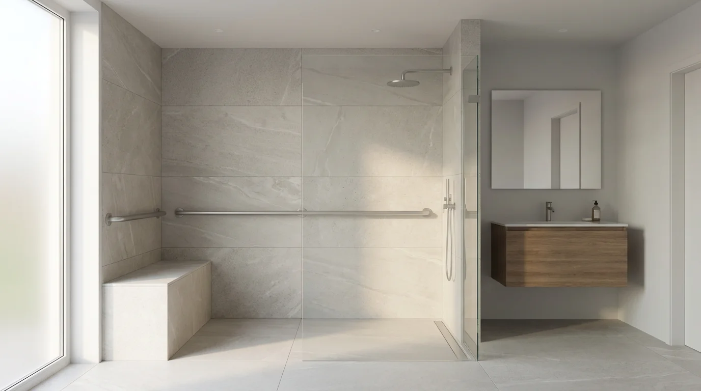 Modern, accessible bathroom with a walk-in shower, grab bar, and built-in shower bench.