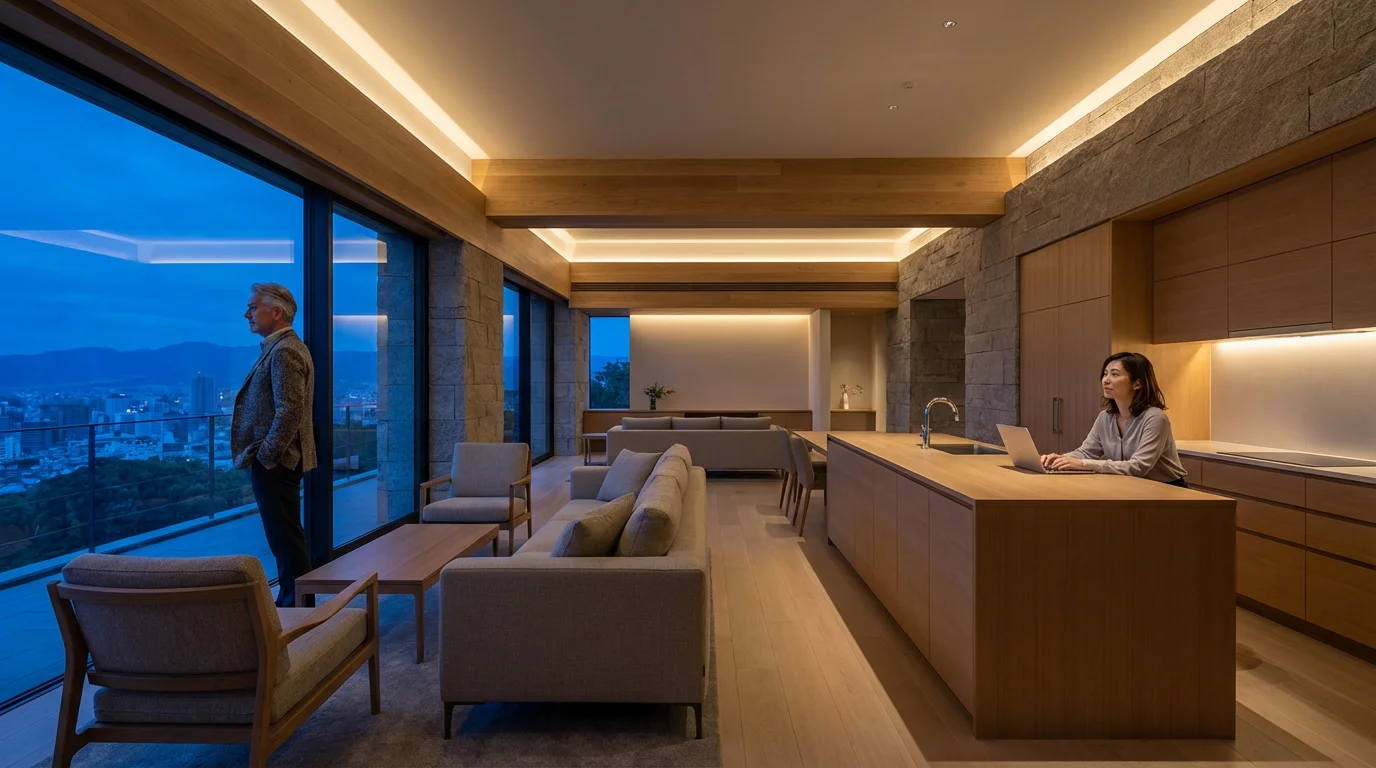 Multi-generational family in a modern home at dusk, contemplating a shared living decision.