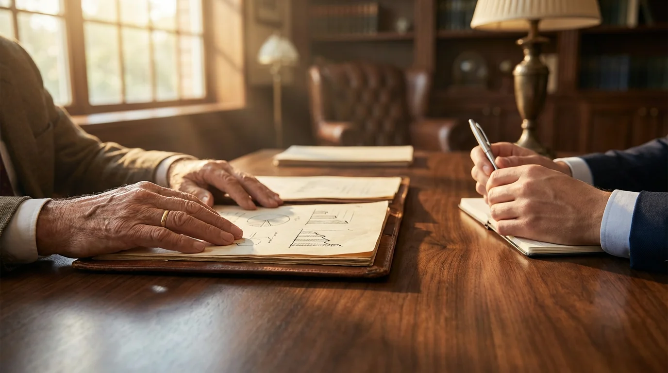 Older and younger hands over an estate planning document on a wooden desk.