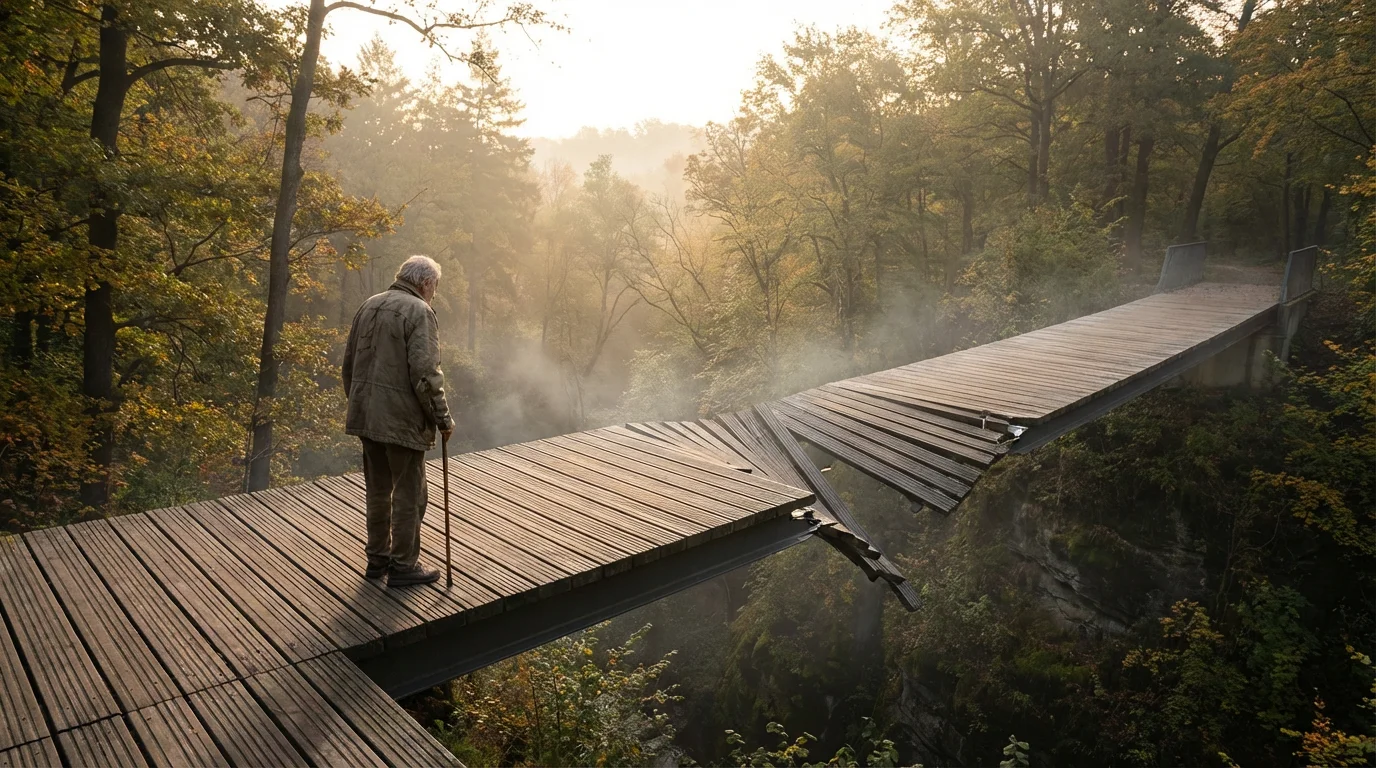 Older person stands before a bridge with a large gap, symbolizing a coverage gap.