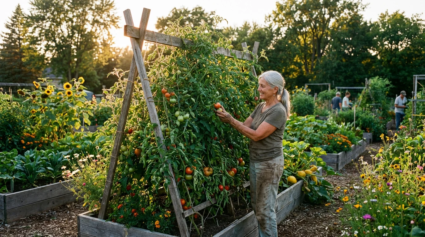 Older woman contentedly tending to plants in a lush community garden during late afternoon.