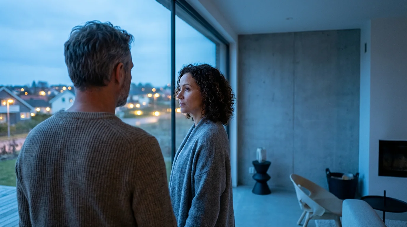 Over-the-shoulder photo of a couple looking out a window at dusk, considering their future.