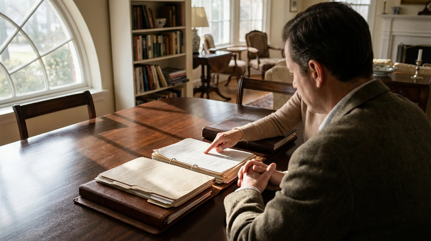 Over-the-shoulder shot of a senior couple reviewing estate planning documents at a table.