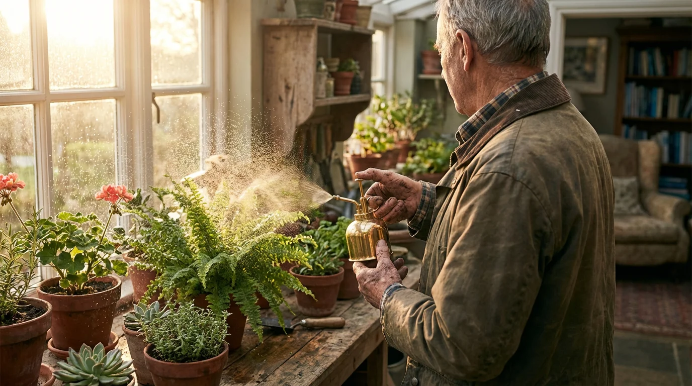 Over-the-shoulder shot of a senior man tending to his houseplants during golden hour.