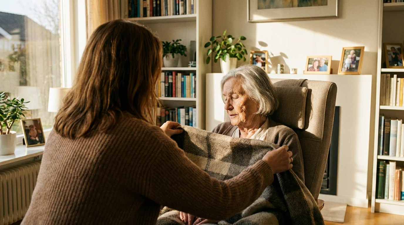 Over-the-shoulder shot of an adult daughter putting a blanket on her elderly mother.