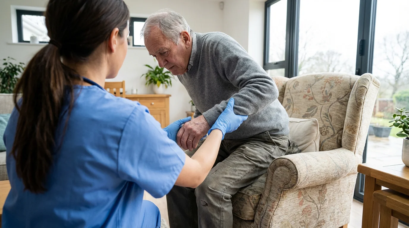 Over-the-shoulder view of a caregiver assisting an elderly man to stand from a chair.