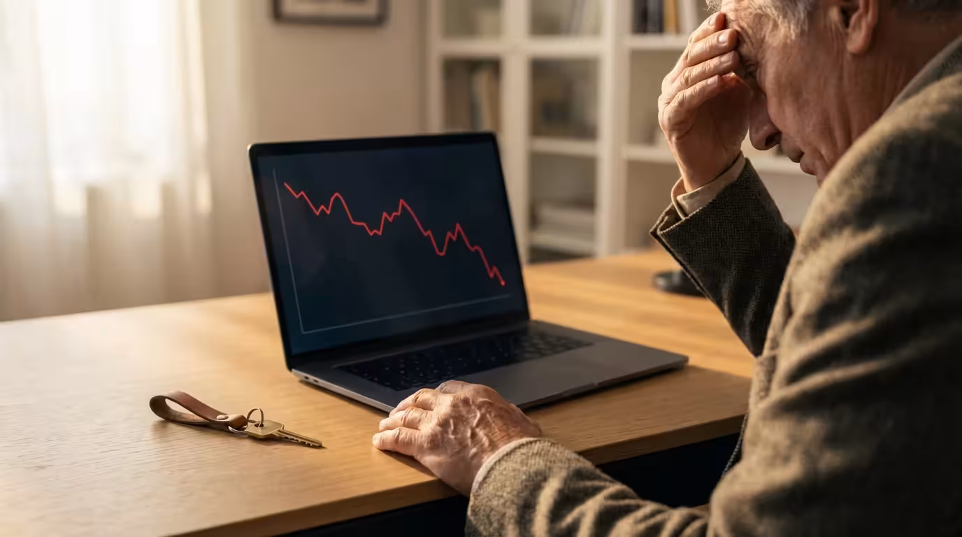 Over-the-shoulder view of a concerned man looking at a declining financial graph on a laptop.