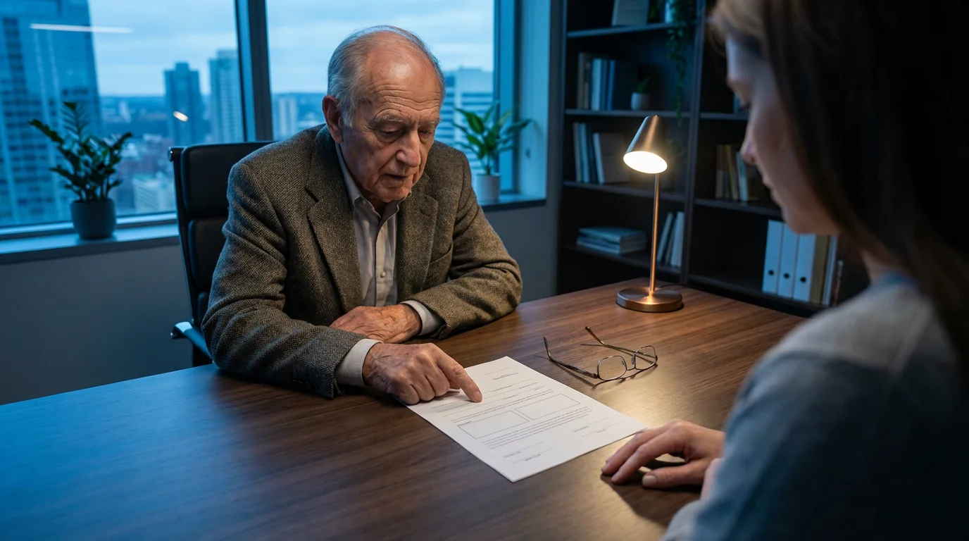 Over-the-shoulder view of a daughter helping her elderly father review advance directive documents at dusk.
