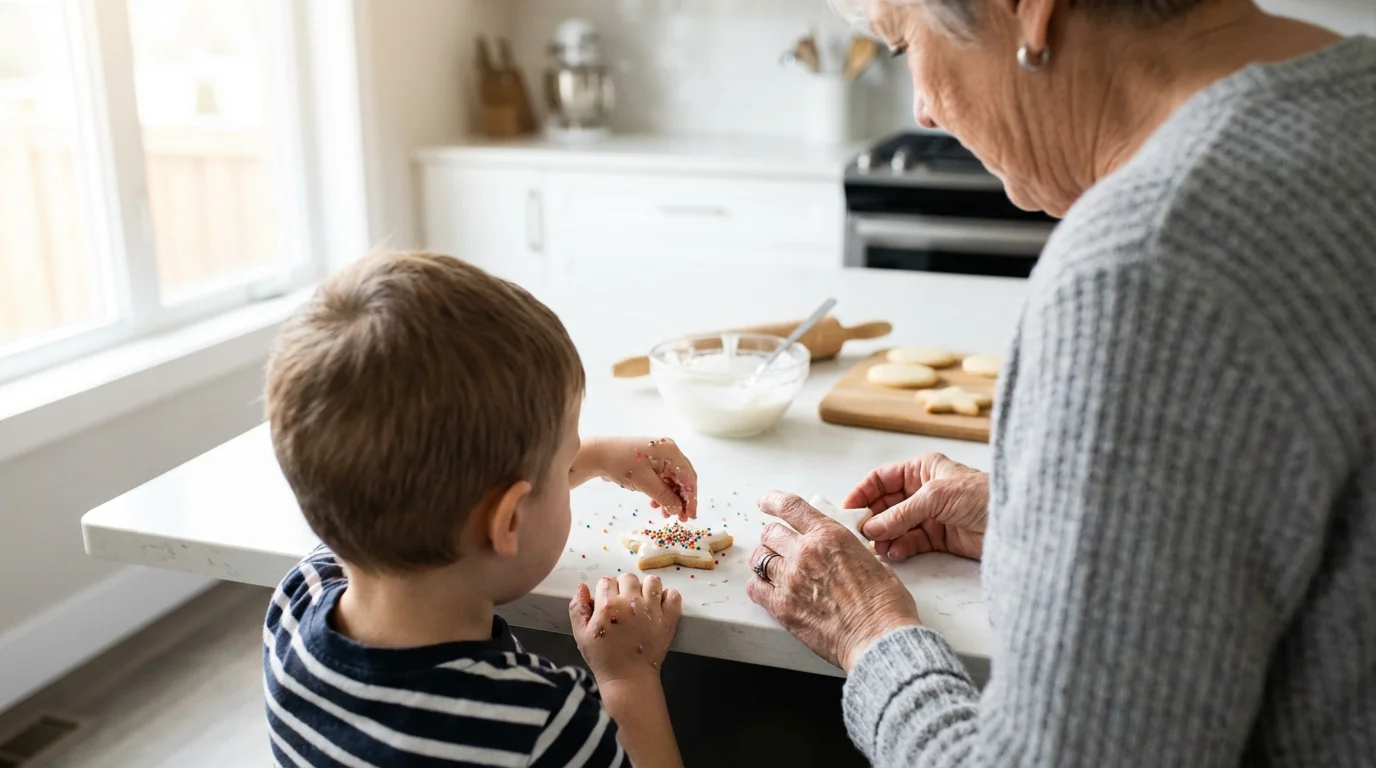 Over-the-shoulder view of a grandmother and grandchild decorating cookies with sprinkles in a kitchen.