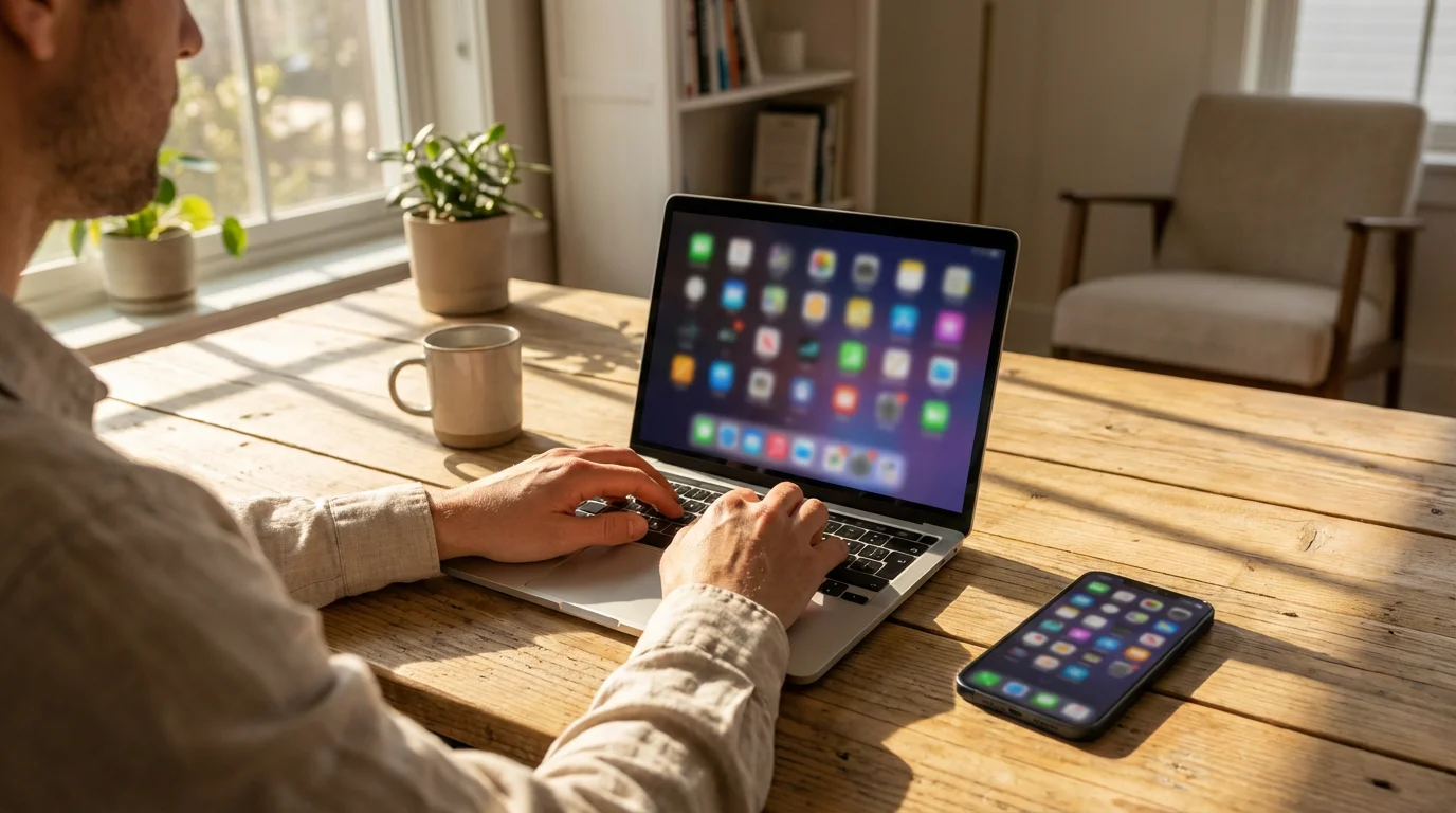 Over-the-shoulder view of a person at a desk with a laptop and smartphone.