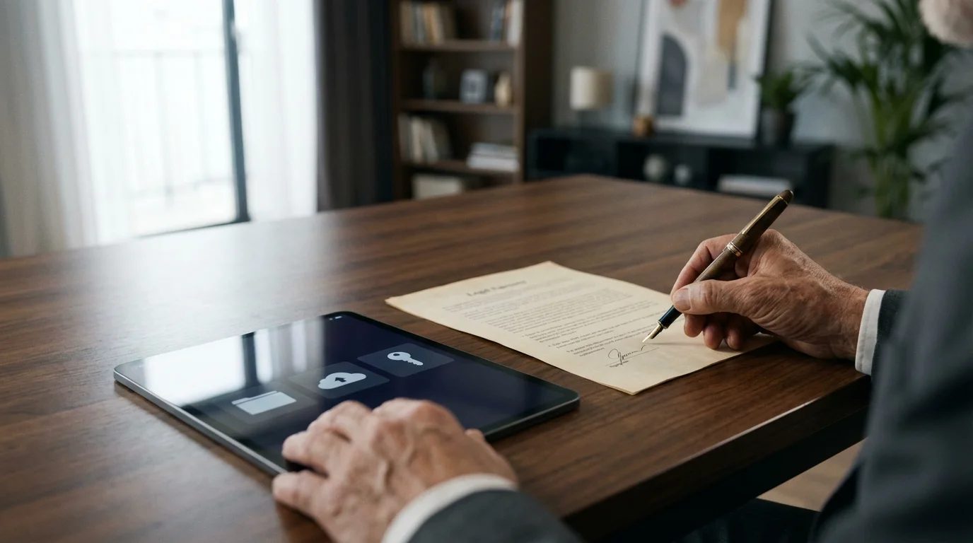 Over-the-shoulder view of a person at a desk with legal documents and a tablet.