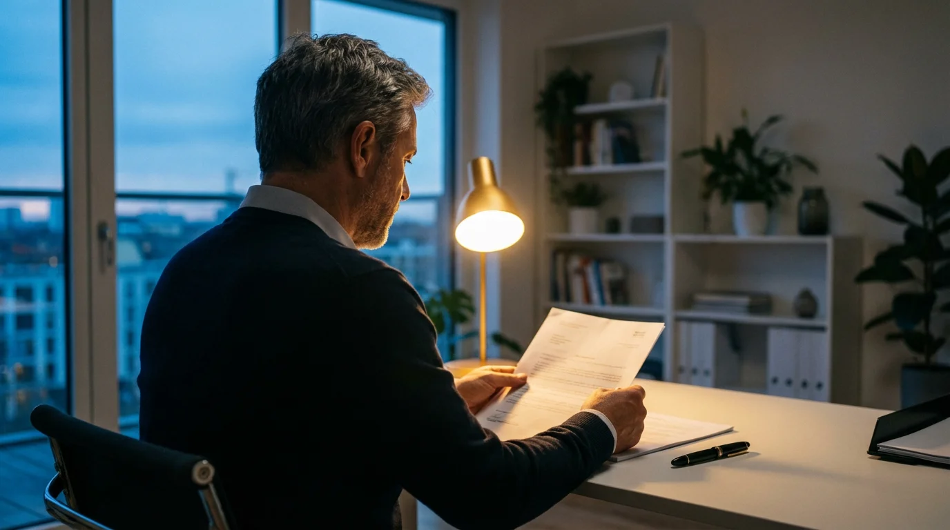 Over-the-shoulder view of a person carefully reviewing legal documents at a desk during evening.