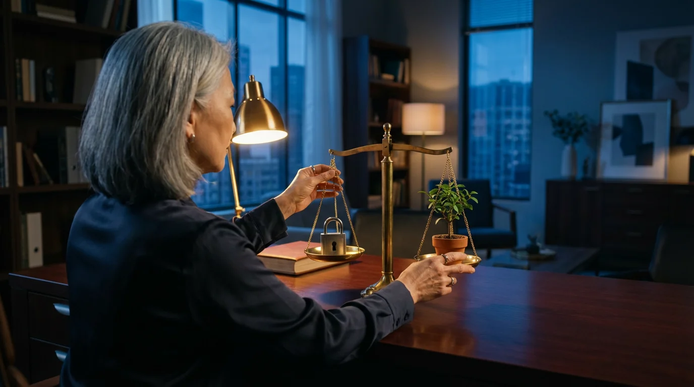 Over-the-shoulder view of a retiree weighing a lockbox against a small plant on a scale.