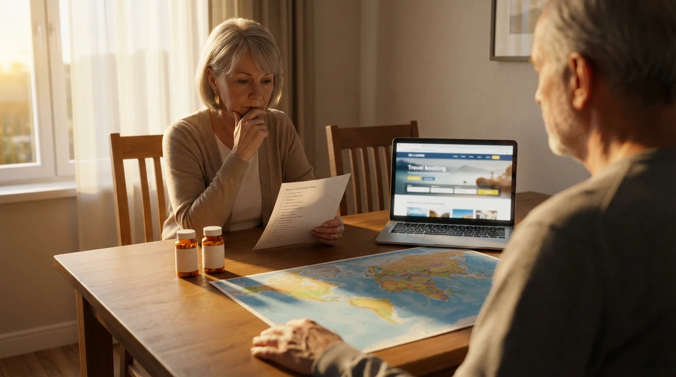 Over-the-shoulder view of a senior couple planning travel with a map and medications.