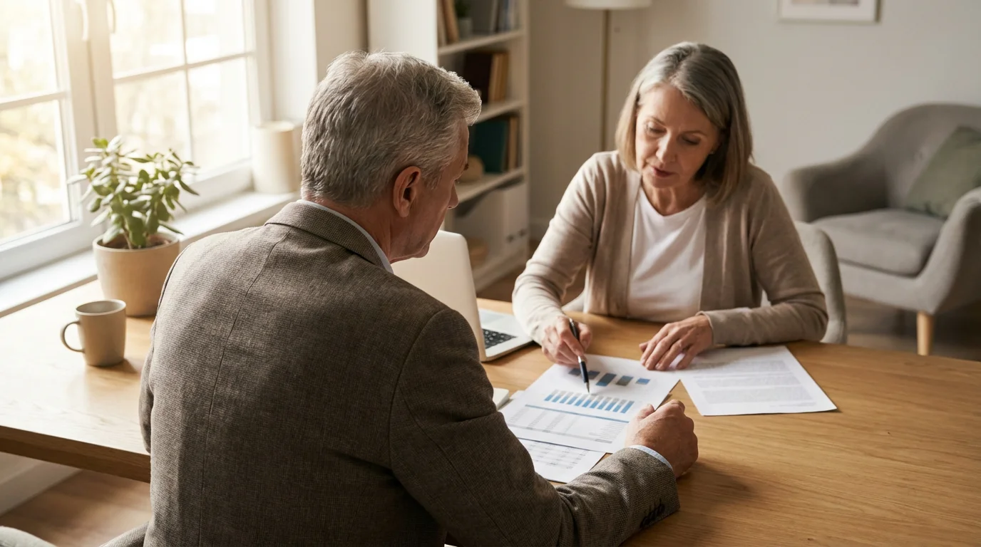 Over-the-shoulder view of a senior couple reviewing financial documents at a desk.