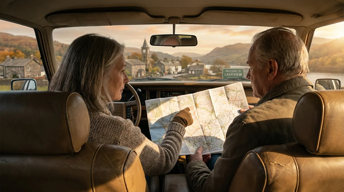 Over-the-shoulder view of a senior couple in a car studying a road map.