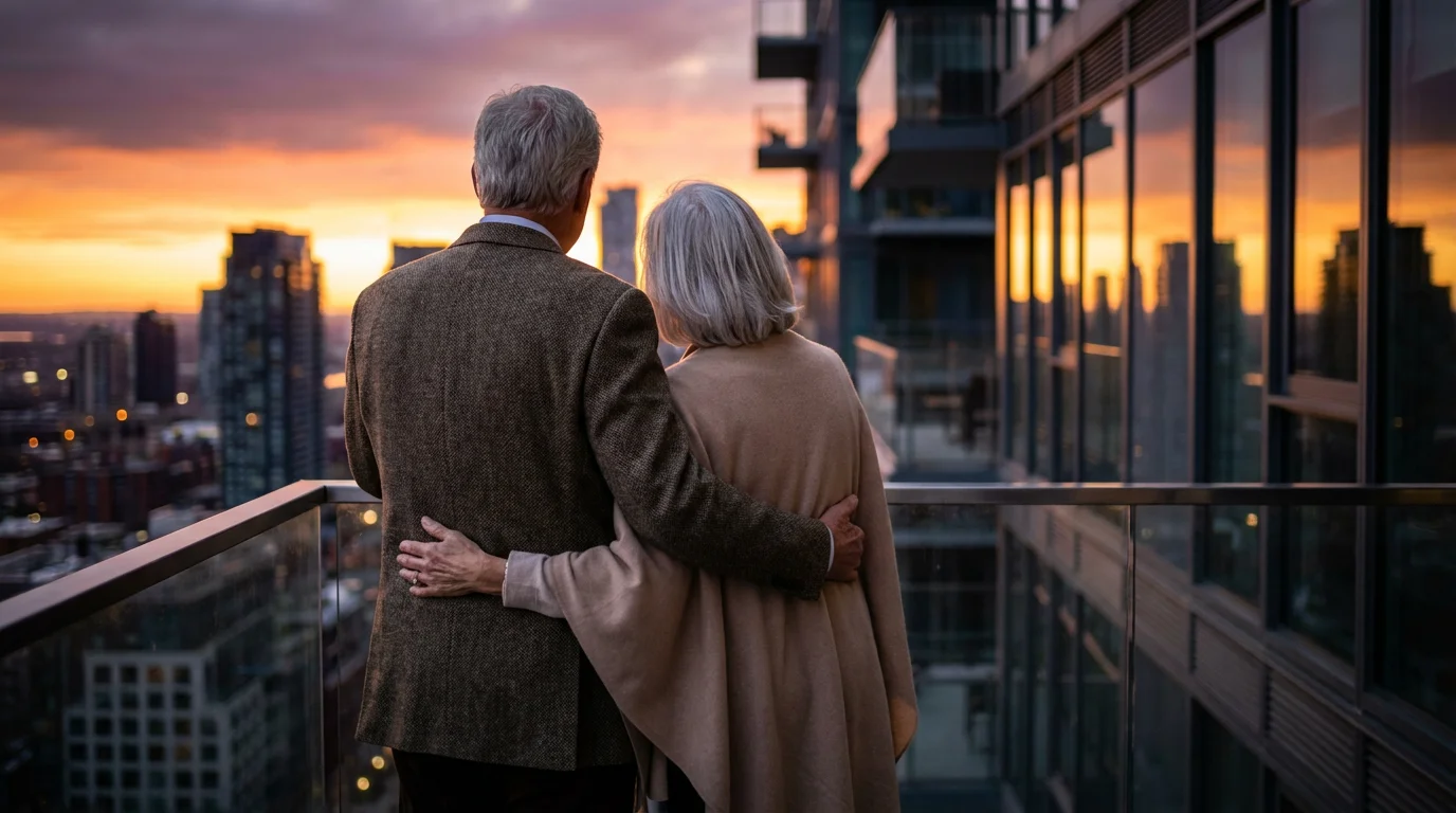 Over-the-shoulder view of a senior couple on a modern balcony watching a city sunset.