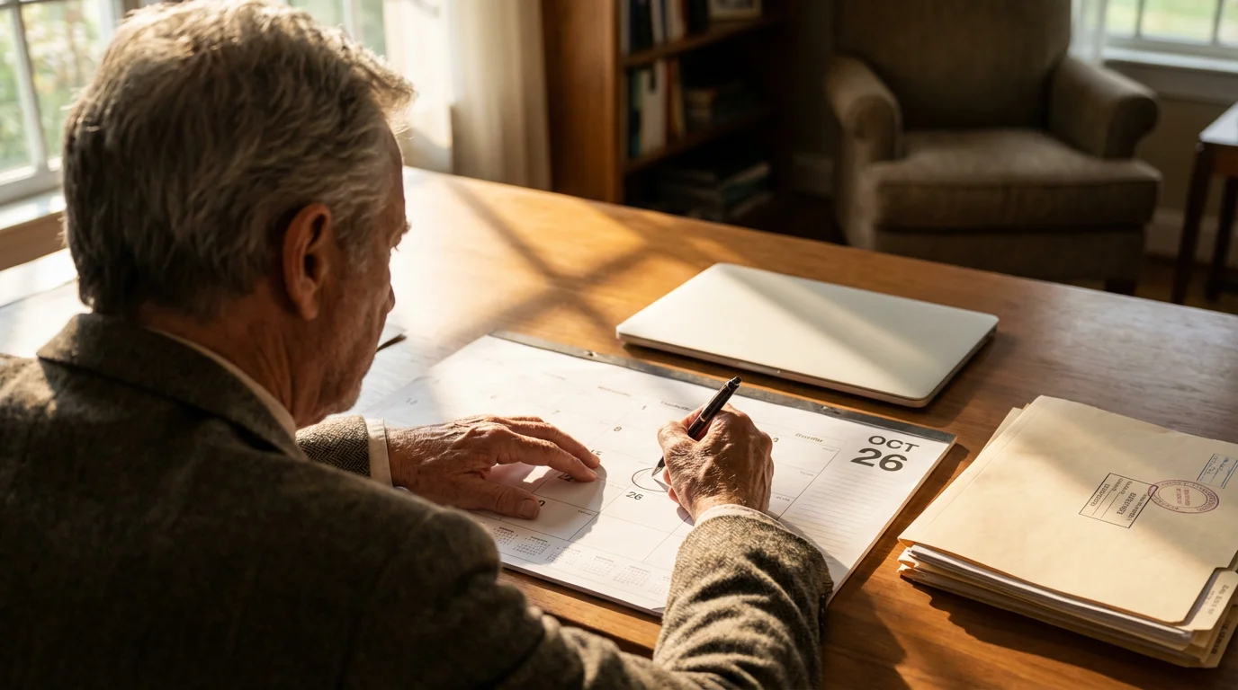 Over-the-shoulder view of a senior man at a desk organizing Medicare enrollment paperwork and calendar.