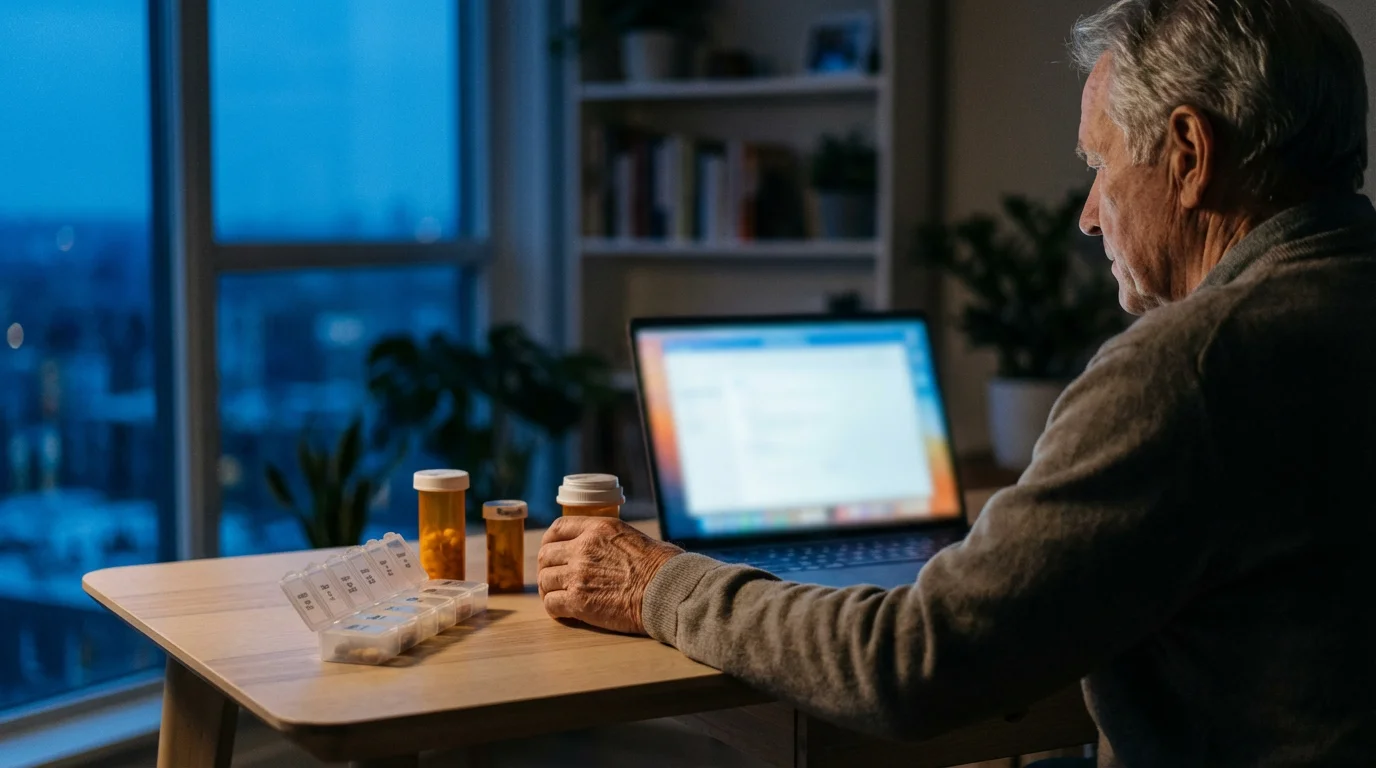 Over-the-shoulder view of a senior man comparing prescription options on a laptop at dusk.
