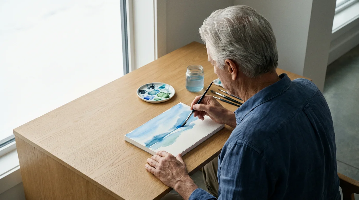 Over-the-shoulder view of a senior man enjoying watercolor painting in soft morning light.
