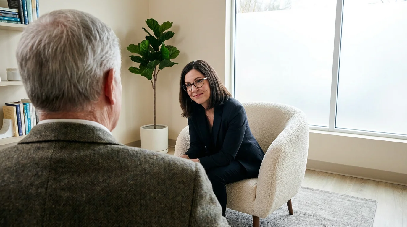 Over-the-shoulder view of a senior man in a therapy session with a compassionate counselor.