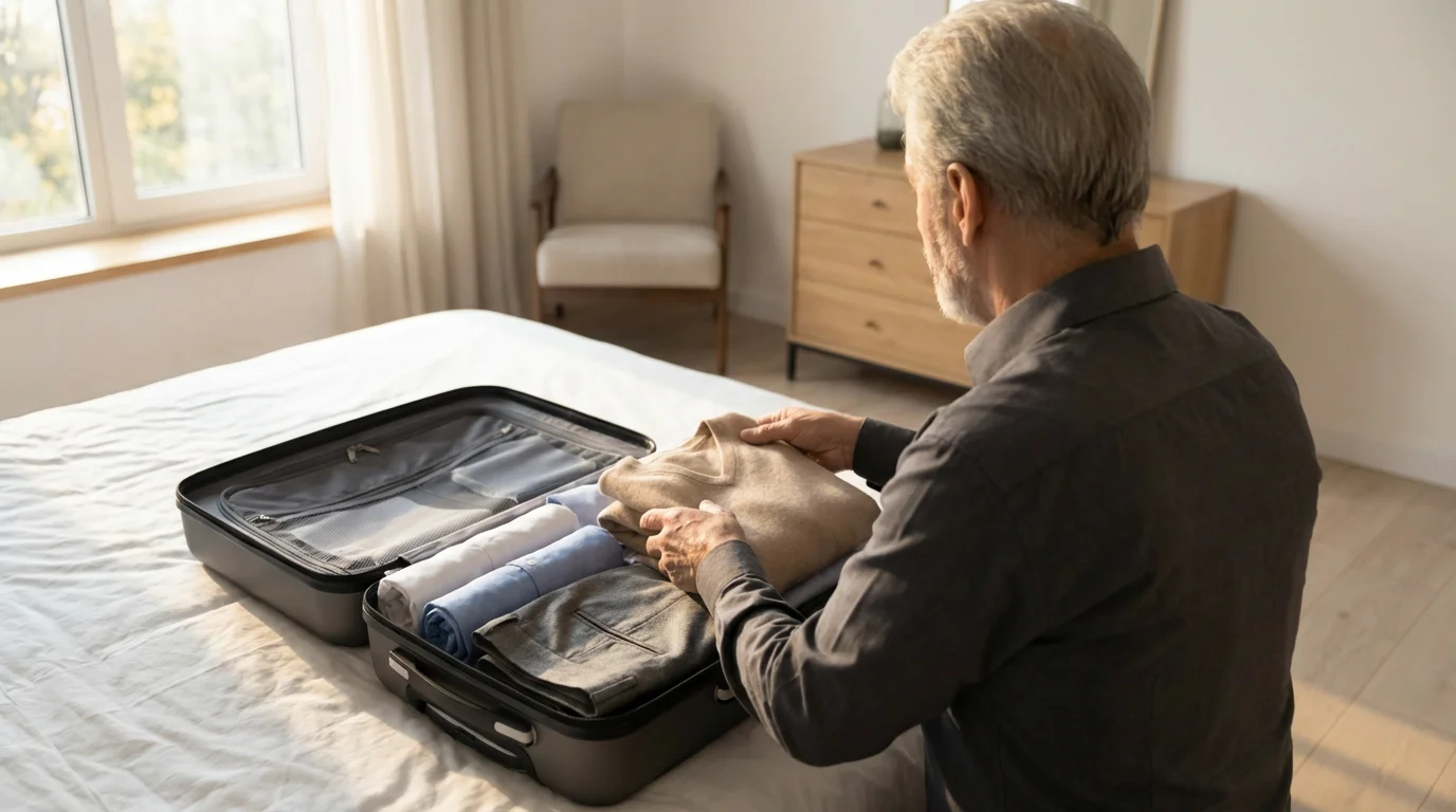 Over-the-shoulder view of a senior man neatly packing a sweater into a suitcase.