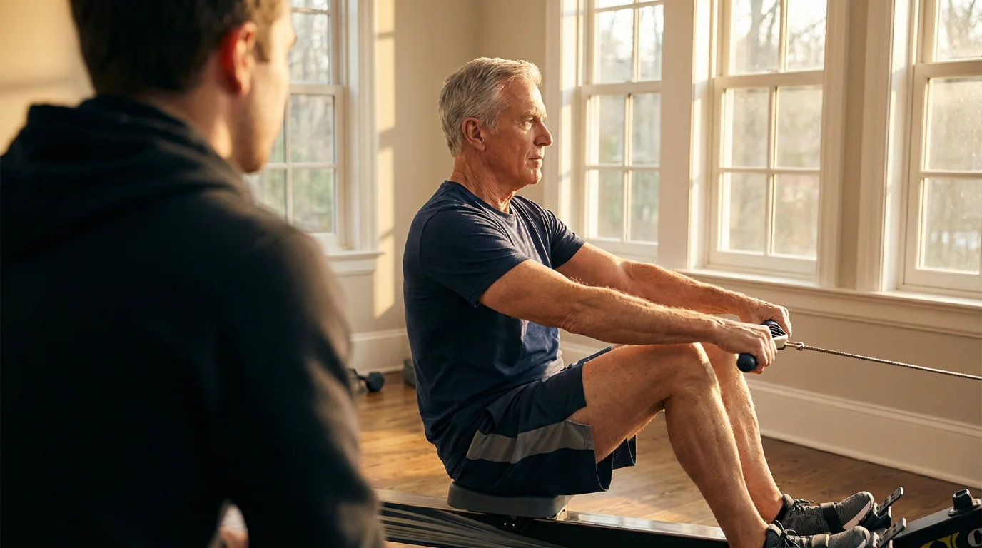 Over-the-shoulder view of a senior man on a rowing machine during golden hour.