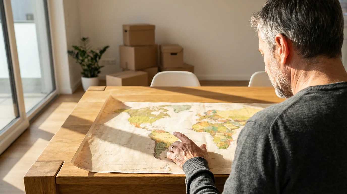 Over-the-shoulder view of a senior man pointing at a large world map on a table.