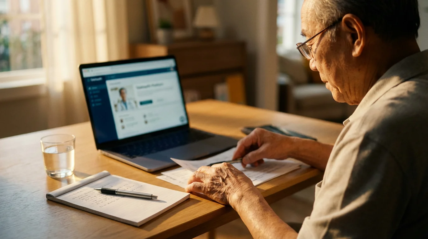 Over-the-shoulder view of a senior man preparing for a telehealth call at his desk.