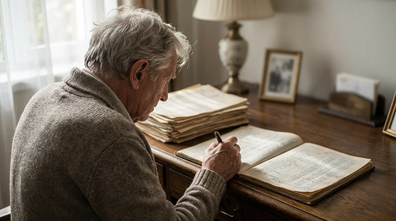 Over-the-shoulder view of a senior man reviewing financial documents at a desk in morning light.