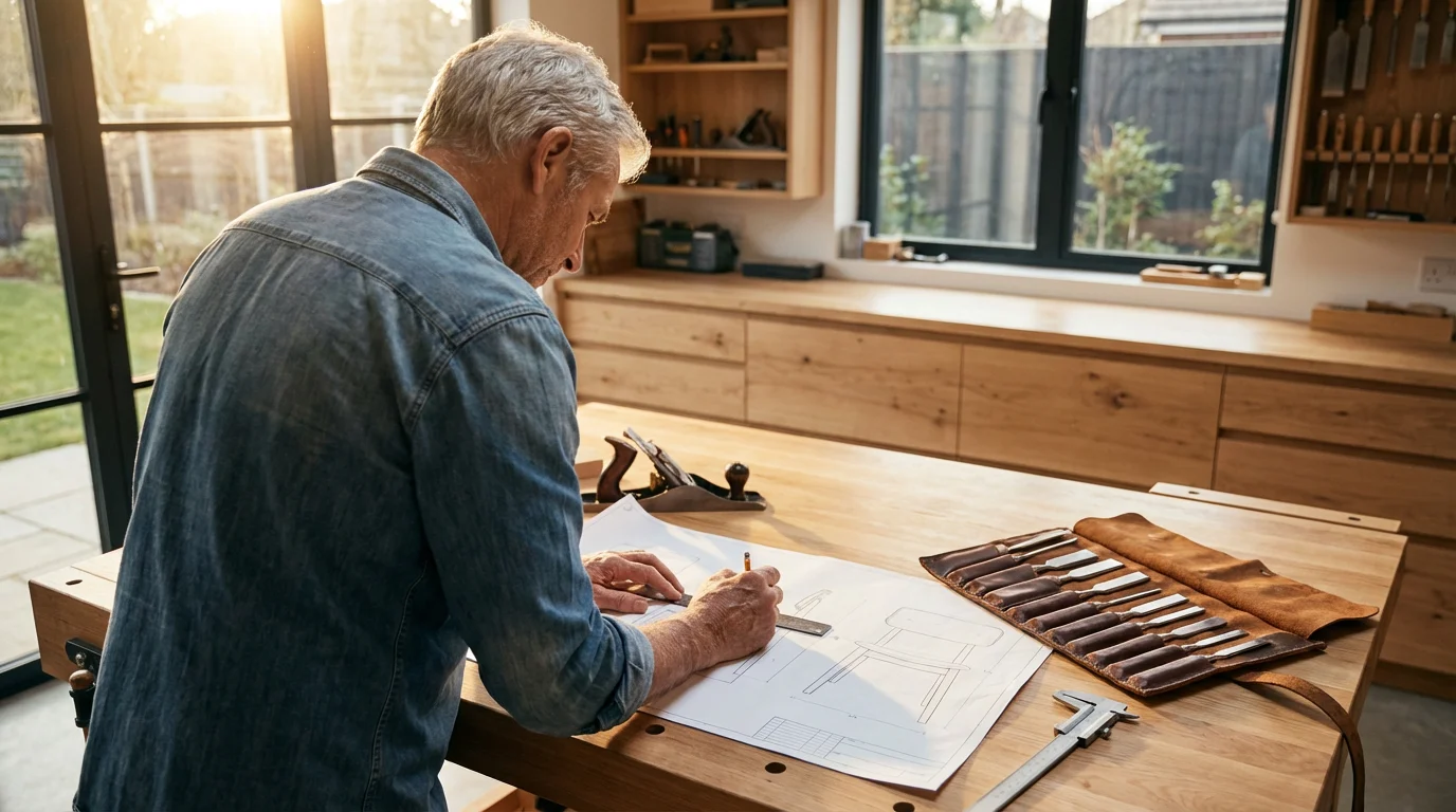 Over-the-shoulder view of a senior man sketching a woodworking design at his workbench.