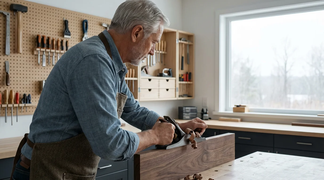 Over-the-shoulder view of a senior man woodworking in his bright, modern home workshop.