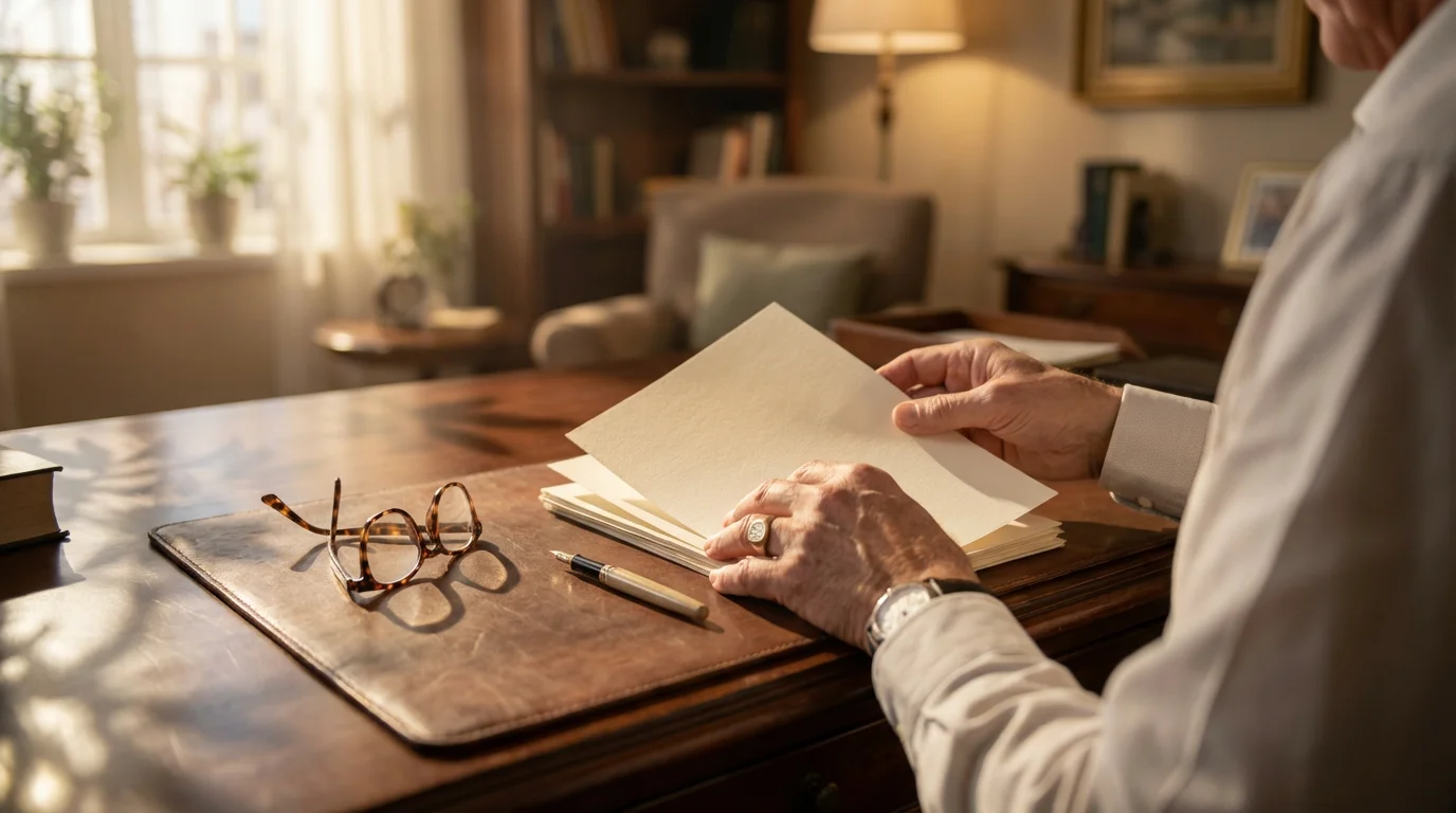 Over-the-shoulder view of a senior organizing will and testament documents on a desk.