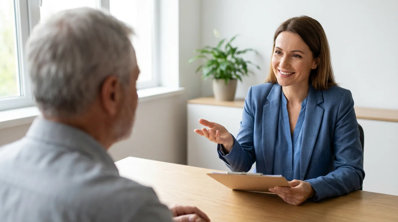 Over-the-shoulder view of a senior patient speaking with his doctor in a sunlit office.