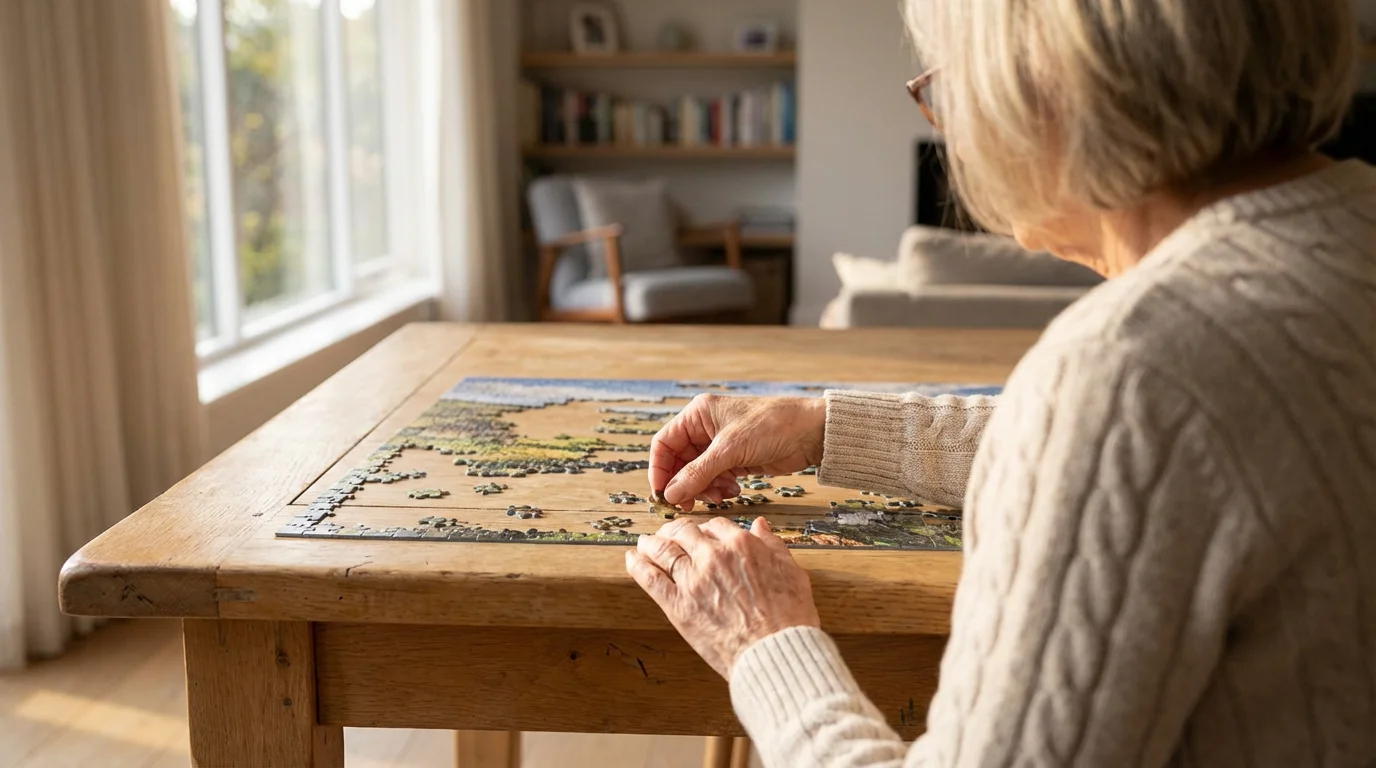 Over-the-shoulder view of a senior person's hands assembling a complex jigsaw puzzle.