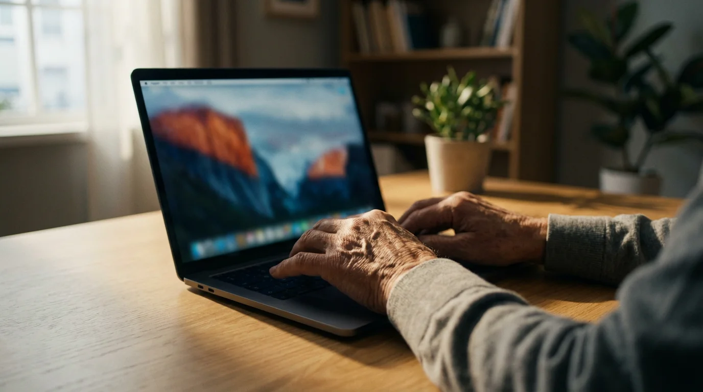 Over-the-shoulder view of a senior person at a desk researching on a laptop.