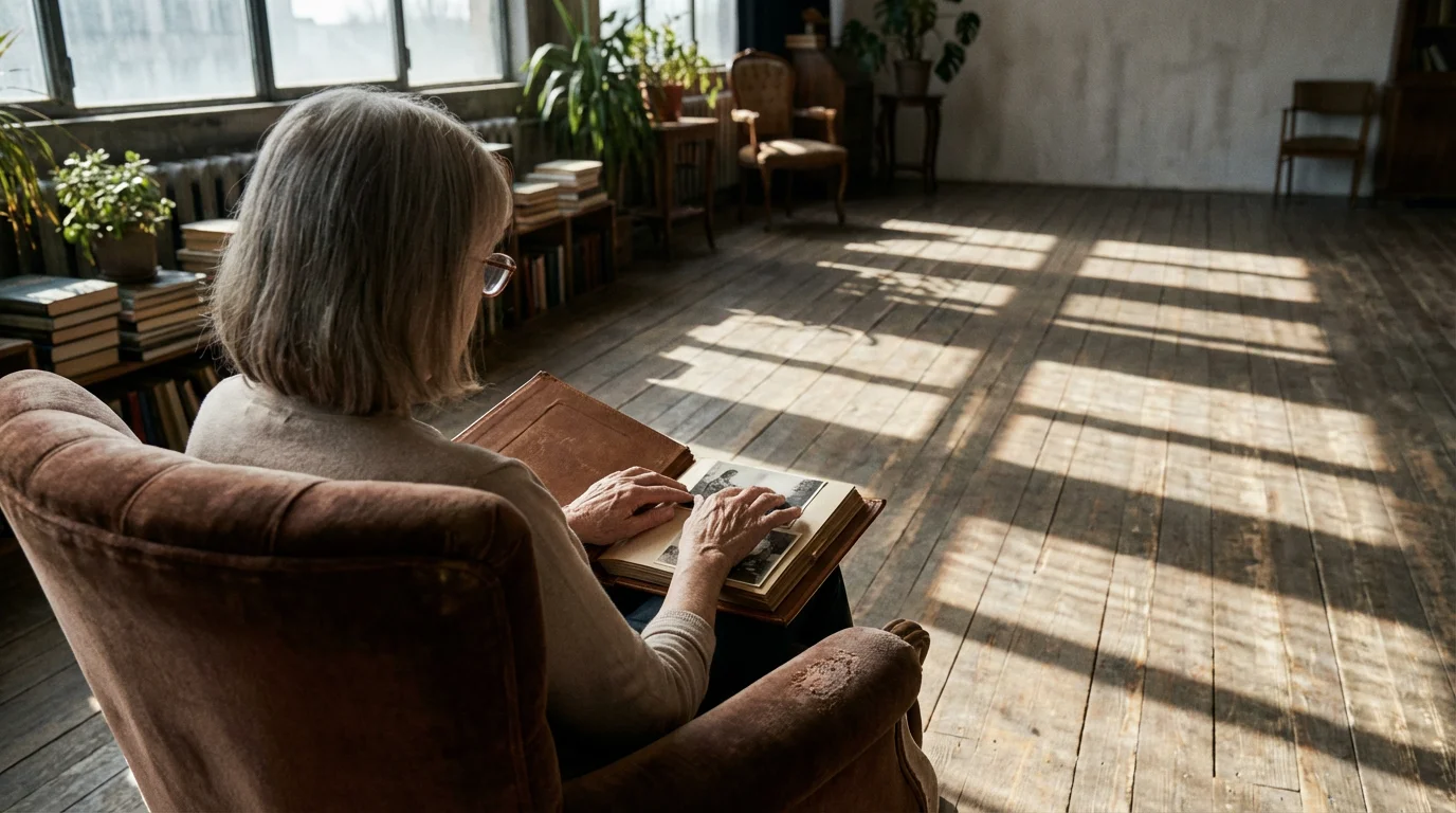 Over-the-shoulder view of a senior woman sitting in an armchair looking at a photo album.