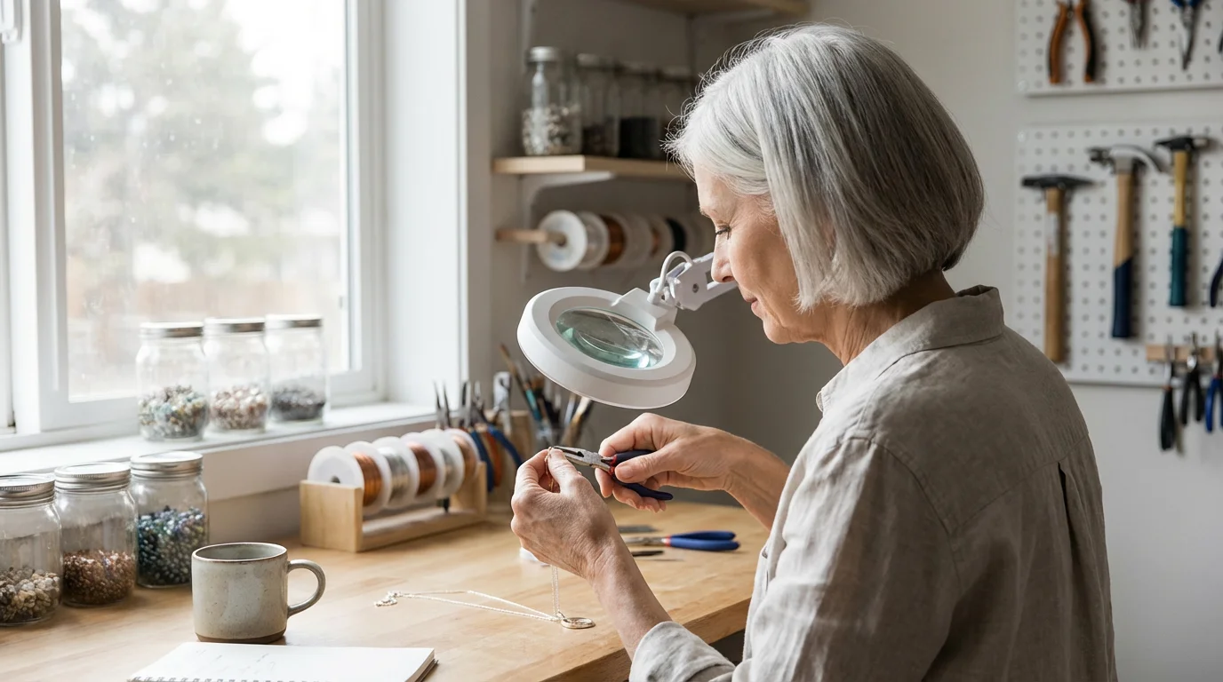 Over-the-shoulder view of a senior woman making jewelry in a sunlit home workshop.