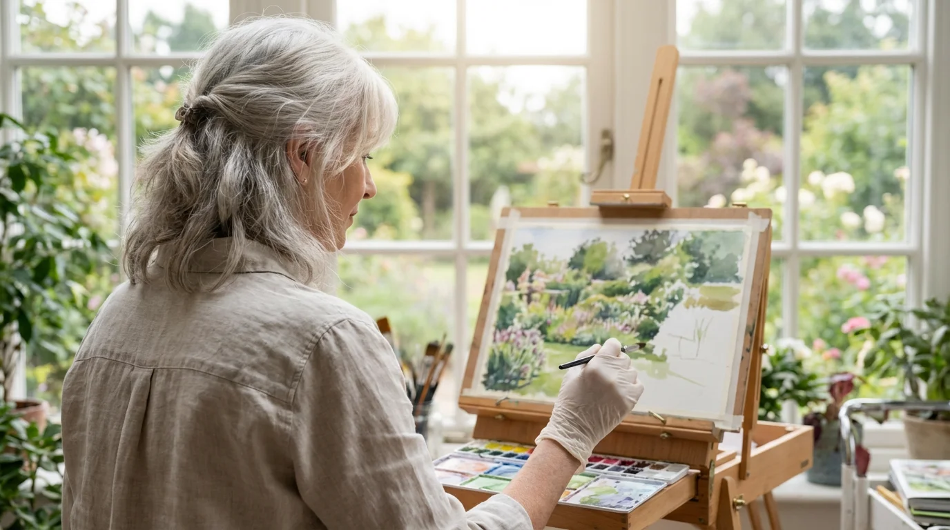 Over-the-shoulder view of a senior woman watercolor painting in a sunlit room.