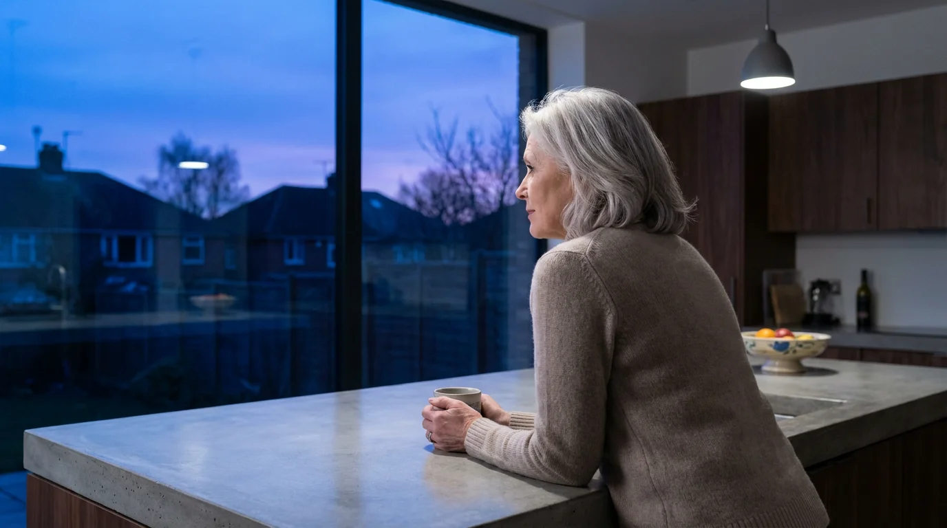 Over-the-shoulder view of a senior woman looking out her kitchen window during blue hour.