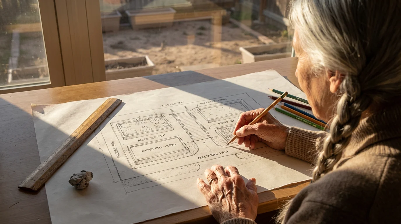 Over-the-shoulder view of a senior woman sketching an accessible garden layout in afternoon sun.